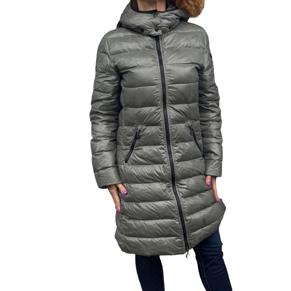 MONCLER Girl's 14 Women's Small Moka Long Down Hooded Puffer Coat Green/Gray